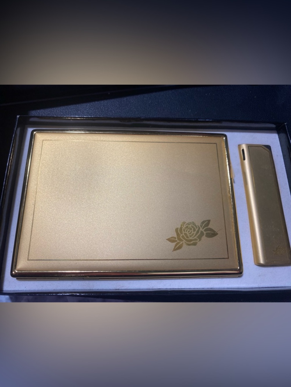 FLAMEX VINTAGE GOLD CIGARETTE CASE AND BUTANE LIGHTER with ETCHED ROSE 🌹
